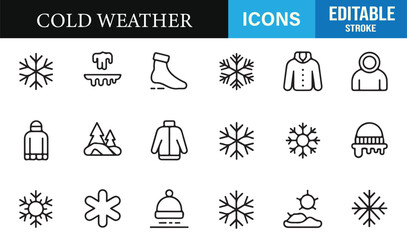 Editable stroke icons of warm apparel, snowflakes, and winter essentials for seasonal themes
