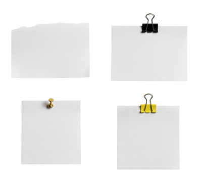 Four sheets of paper with clips transparent background cutout png