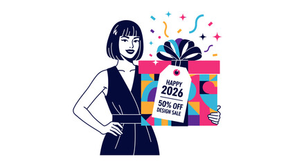 Gift of Design: An elegant individual presents a vibrant gift box, representing the celebration of a design sale, capturing the excitement of upcoming opportunities.