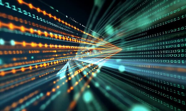 Abstract digital stream of binary code data flowing through a futuristic network with glowing orange and teal lights on a dark background representing information transfer and technology