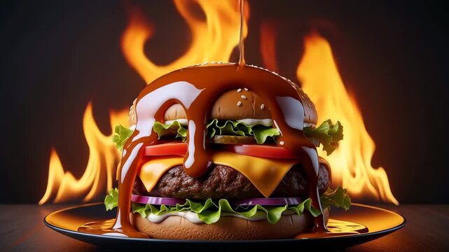 Juicy gourmet burger dripping with savory sauce slow motion with dramatic fire flames background
