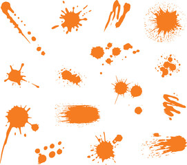 Collection of Orange Paint Splatters and Brush Strokes on White Background