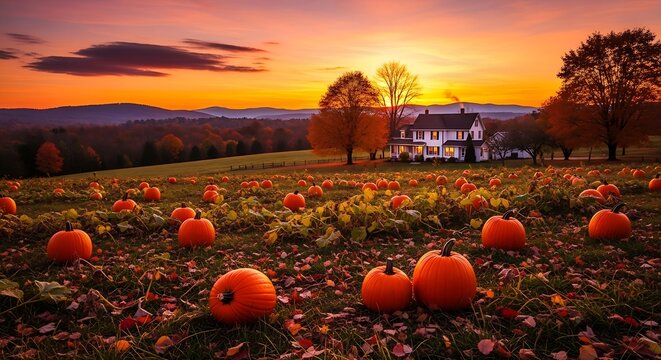 A peaceful farm scene with a field full of pumpkins, bright fall foliage, and a welcoming house glowing at sunset.