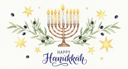 A beautiful watercolor illustration of a menorah with nine candles lit, surrounded by olive branches and stars, with the words "Happy Hanukkah" written in elegant script.