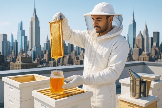 Urban rooftop beekeeper harvesting honey with honeycomb frame over jar, modern city skyline in background, natural lifestyle concept scene. Ai generative