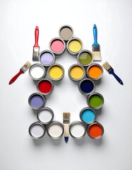 A house shape made of paint cans and brushes, on a white surface