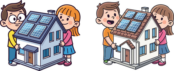 Cartoon children holding house with solar panels, renewable energy concept, eco friendly home illustration promoting green energy and sustainability