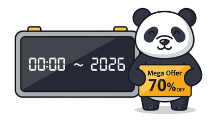 Mega Offer Panda: A charming cartoon panda, holding a sign for a mega offer with a digital display showing time and a future date.