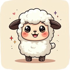 Fototapeta premium Cute cartoon sheep character smiles with rosy cheeks, big eyes. Adorable fluffy lamb stands happy, joyful on light plain background. Sweet baby animal illustration for children products educational