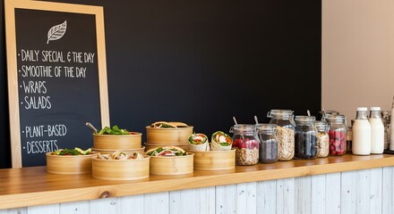 Vegan restaurant counter with food display and chalkboard menu