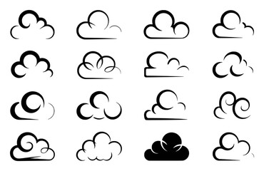 Collection of stylized black and white cloud icons and illustrations