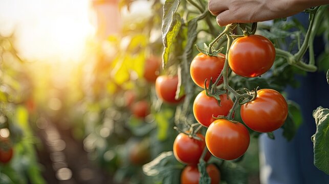 Sun kissed ripe tomatoes hanging from vine in lush garden bathed in golden hour light, ready for harvest, evoking freshness and natural bounty.