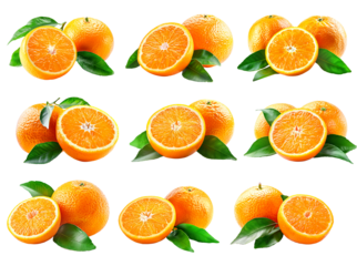 Set of orange, juicy orange half, and vibrant green leaf isolated on white transparent background.