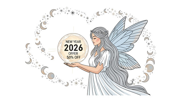 Celestial Guardian's Offer: A celestial being, cradles a glowing orb advertising a New Year 2026 offer with a 50% discount, set against a backdrop of lunar phases and stars.