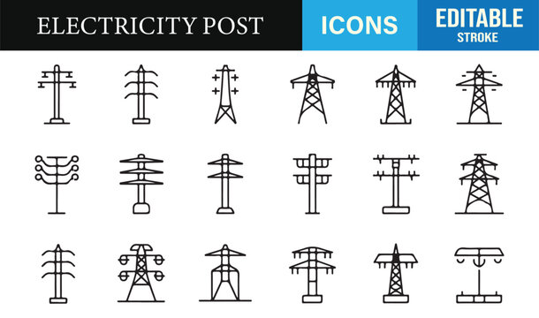 Vector set of electrical grid and power line icons in editable stroke style