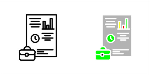 Business Report and Briefcase Line Art Icon set A minimalist black outline vector icon representing business analysis, financial reporting, time management, or professional documentation.