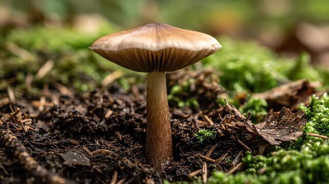 Wild brown edible fungus boletus cap in mossy forest grass during the autumn season