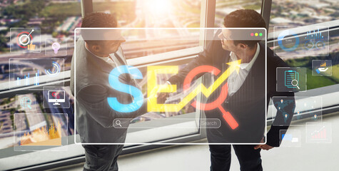 SEO concept for improving SEO visibility, with SEO related digital tools and SEO performance icons shown in an focused layout for strategic marketing. Spline