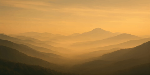 Sunrise and sunset panorama views of the mountain landscape with vibrant orange sky, fog, and silhouette hills