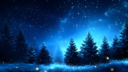 Majestic winter night with snow-covered trees under a starlit sky and shimmering snowfall