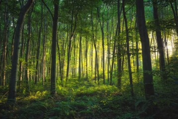 Fototapeta premium Dense green forest with sunlight streaming through tall trees. Peaceful natural landscape capturing the freshness, serenity, and vibrant beauty of untouched woodland scenery.