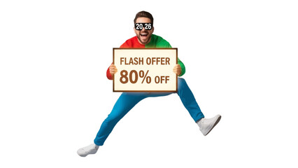 Flash Offer Announcement: Enthusiastic individual jumps with glee, showcasing a sign highlighting a tempting 80% OFF flash offer. A vivid, exciting snapshot of savings and excitement!