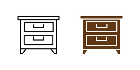 A minimalist black outline vector icon representing a nightstand, bedside table, or small storage drawer cabinet. The design features a square cabinet with two drawers and handles, standing on small l