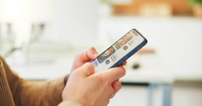 Man, hands or phone screen in office with food delivery for digital menu, online order or mobile app. Person, scroll or search website with tech for takeaway, meal choice or lunch break in workplace.