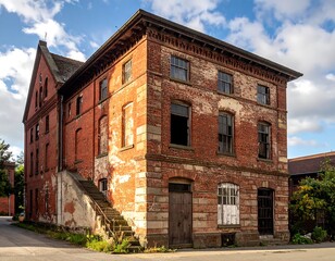 Weathered, multi-story brick building, with visible aging, broken windows, and steps, illuminated by sunlight