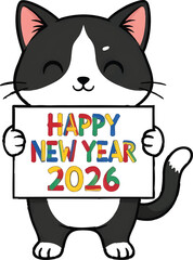 Cute Cat Holding Happy New Year 2026 Sign, Festive Greeting Illustration