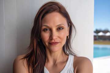 Portrait of a woman with long hair standing by a poolside on a sunny day in a modern setting