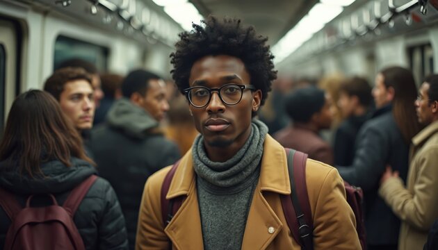 Young black man with afro hair wears glasses, camel coat, grey turtleneck in crowded subway. Looks straight at camera. Diverse people surround in urban public transport. Busy daily commute scene