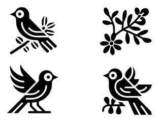 Four stylized black bird icons with floral elements on a white background