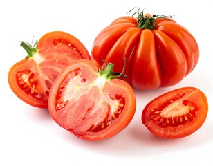 Fresh, sliced heirloom tomatoes, red and ripe, against a white backdrop