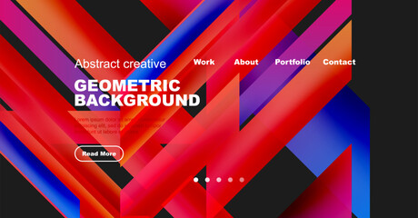 Abstract geometric background design. Vibrant colors, diagonal lines, text elements, navigation menu present. Modern aesthetic.