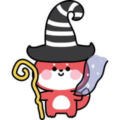 Cute Red Cartoon Animal Character Dressed As A Wizard Holding A Magic Wand And A Broomstick With Stars On A Transparent Background