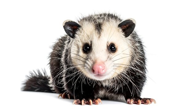 A front-facing opossum with grey and white fur against a white background