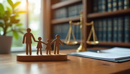 Family law concept photo. Wooden family figures stand on wooden table near law scale and legal documents. Attorney office background with blurred books and sunlight. Picture covers inheritance themes