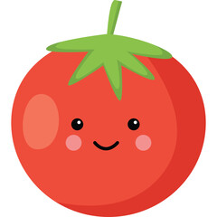 Cute Red Tomato Character With Green Stem And Leaves Smiling With Rosy Cheeks And Dark Eyes On Transparent Background