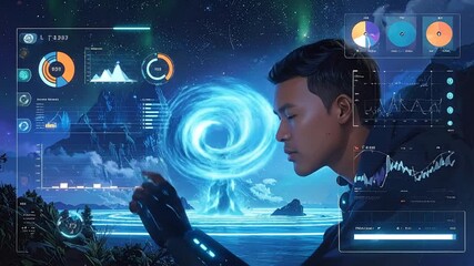 Futuristic Man Analyzing Data Visualization in a Digital Landscape - Powered by Adobe