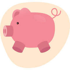 Cute Pink Piggy Bank Illustration With Tail and Curly Snout On A Light Orange Organic Shape Background Simple Flat Design And Transparent Background