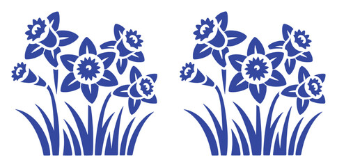 Stylized Blue Daffodils with Green Grass, Isolated on White Background