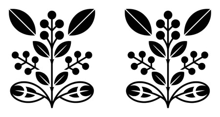Symmetrical Black and White Floral and Berry Decorative Motifs