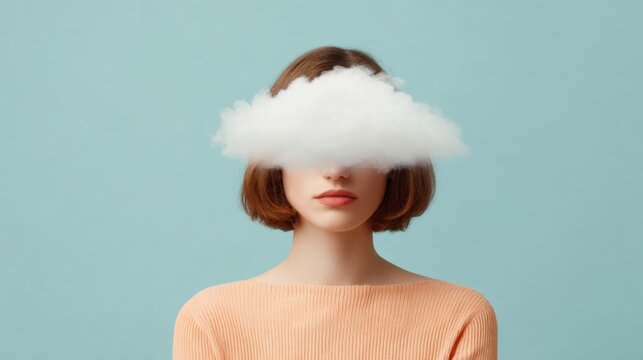 Contemporary Art Collage of a Female Portrait with Cloud Cover on a Soft Pastel Background, Minimalist Aesthetic, Clean Lines, Emphasizing Free Space and Serenity