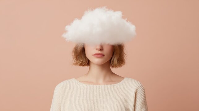 Contemporary collage featuring a female portrait with a cloud-covered face against a pastel backdrop, minimalist aesthetic, emphasizing isolation and simplicity. - Powered by Adobe