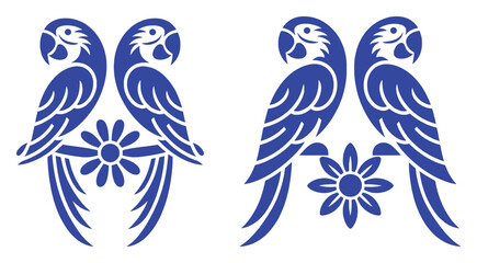 Two Blue Macaws and Flowers, Stylized Vector Art