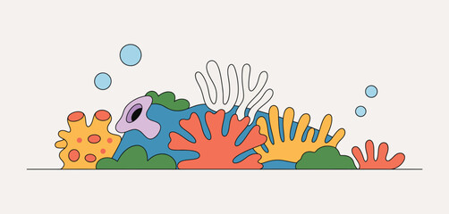 Colorful cartoon coral reef with bubbles and abstract underwater plants