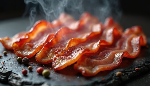 Crispy smoked bacon slices fresh off grill. Hot pork meat steams on dark rustic board with peppercorns. Delicious greasy breakfast food, appetizing savory meal ready to eat. Looks rich, savory, full