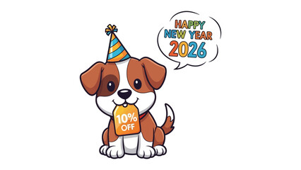 Happy New Year Pup with Discount: An adorable pup with a party hat and a 10% Off discount tag, wishes a happy new year, creating a delightful visual for promotional offers.