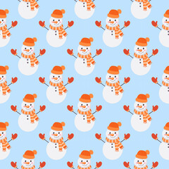 Cute Snowman Seamless Pattern: Happy Cartoon Winter Character Background, Repeating Texture for Kids Fabric, Holiday Wrap, and Blue Backdrop Design